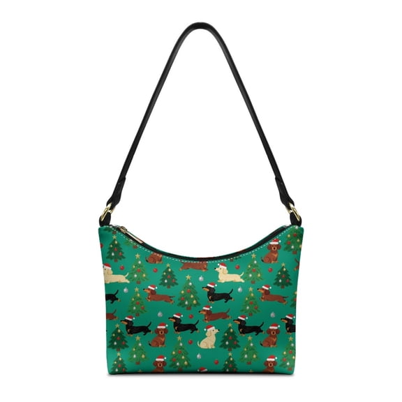 Kuiaobaty Dachshund Print Shoulder Purse for Women, Christmas Tree Print Underarm Sling Bag with Zipper Closure, Christmas Roomy Hobo Purse Tote Bag for Travel, Turquoise