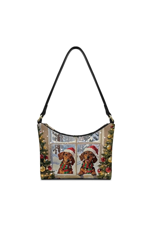 Dachshund Print Underarm Sling Bag for Women, Christmas Tree Print Hobo Purse Leather Tote with Zipper Closure, Small Roomy Travel Shoulder Handbag for Christmas