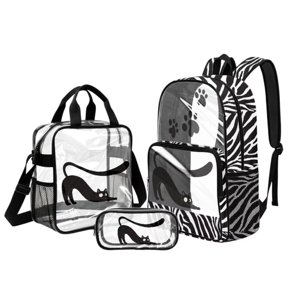 Kuiaobaty Daisy Cat Print Backpack Set for Girls Zebra Print Clear Backpack and Pencil Case with Zipper See Through PVC Bookbags and Pencil Case for School