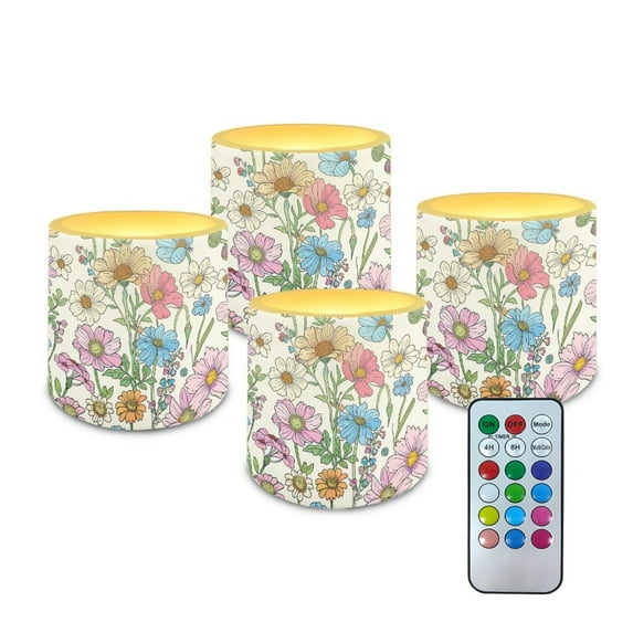 Kuiaobaty Daisy Flower Leaf Pattern 4 PCS Flameless LED Candle with Color Changing Control 4H 8H Timer Remote Electric Pillar Candle for Room Fall Home Decor Wedding Christmas Decorations