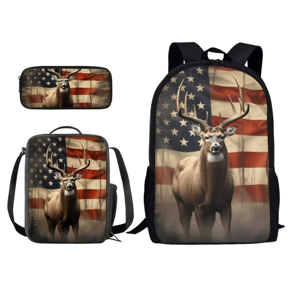 Kuiaobaty Deer American Flag Pattern Backpack School Bags for Boys Girls Kids, 3 Pcs Bookbag Backpacks for Elementary Middle High school Student, Bookbag Set with Lunch Bag and Pencil Case