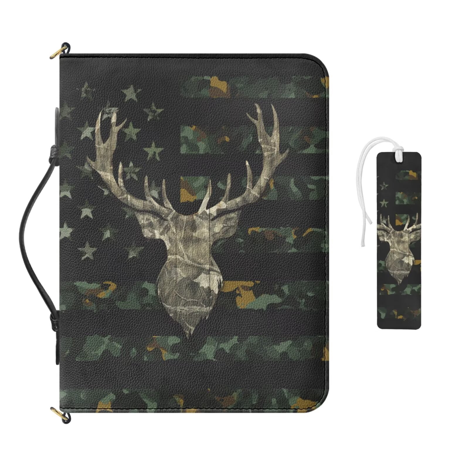 Kuiaobaty Deer Camo Hunting Print Bible Cover Case for Women American Flag Print Church Bag Scripture Case with Shoulder Strap Portable ens Christian Study Accessories with Bookmark for Church