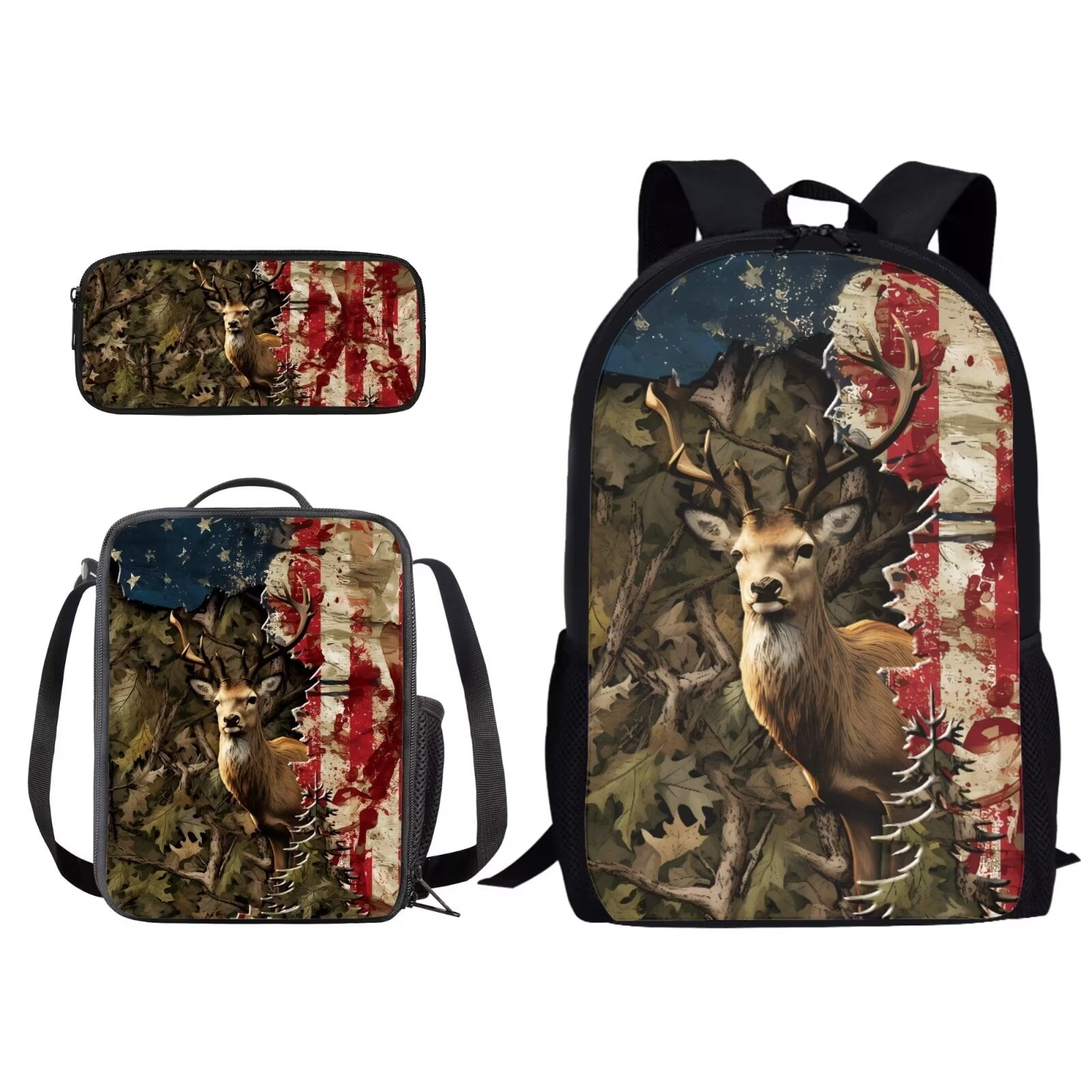 Kuiaobaty Deer Camo Print Backpack with Lunch Bags and Pencil Case Set ...