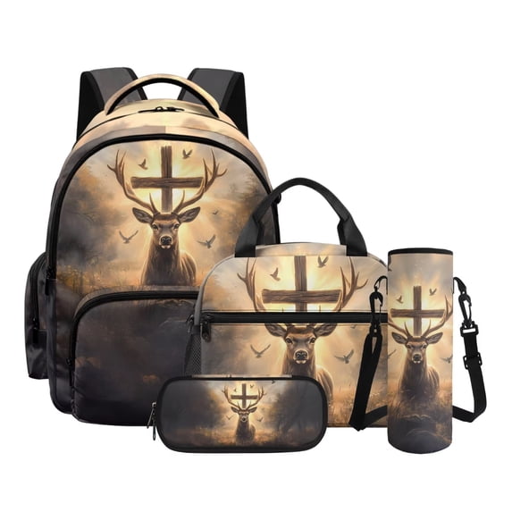 Kuiaobaty Deer Cross Print Backpack and Lunch Bag Set for Girls Boys Lightweight Backpack with Pencil Case Portable Lunch Box and Water Bottle Sleeve for School
