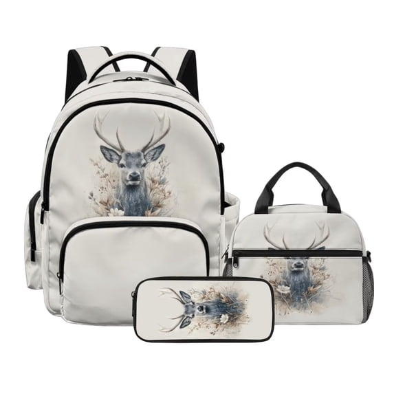 Kuiaobaty Deer Flower Print Backpack and Pencil Case Set with Lunch Bag for Boys Girls Multi Pockets Backpack Lunch Box with Adjustable Strap Roomy Bookbag Pencil Pouch for School Travel Picnic