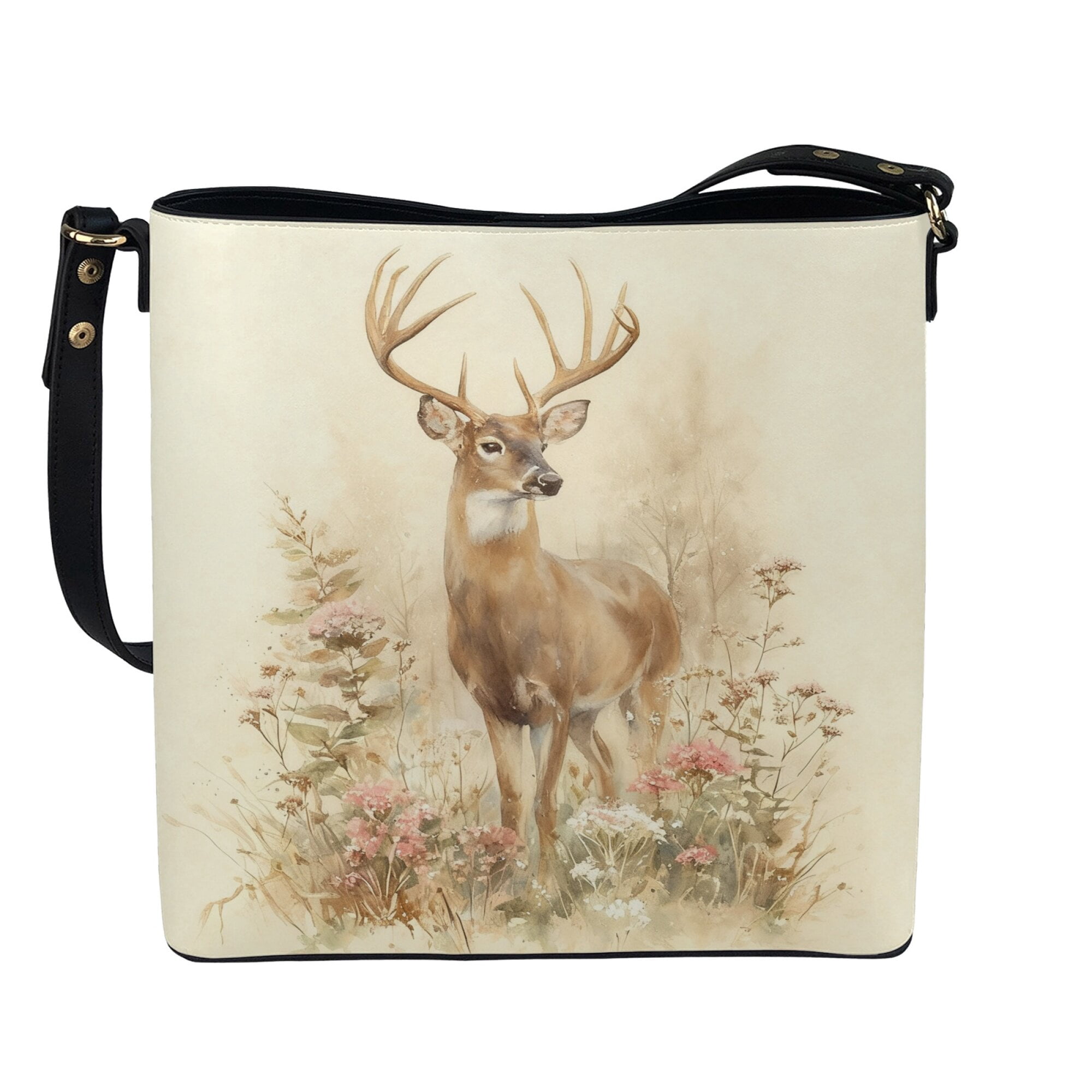Kuiaobaty Deer Flowers Print Shoulder Purse for Women, Cute Vegan Leather Bucket Tote Bag Crossbody with Adjustable Strap, Waterproof Hobo Satchel Purse for Travel & Work, Beige