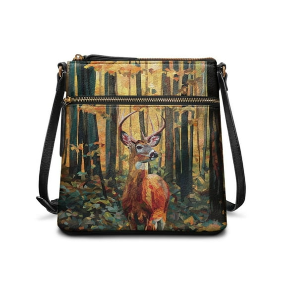 Kuiaobaty Deer Forest Print Crossbody Bag for Women Trendy, Multi Pockets Vegan Leather Shoulder Handbag Crossbody, Sturdy Waterproof Hobo Purse with Adjustable Strap for Travel