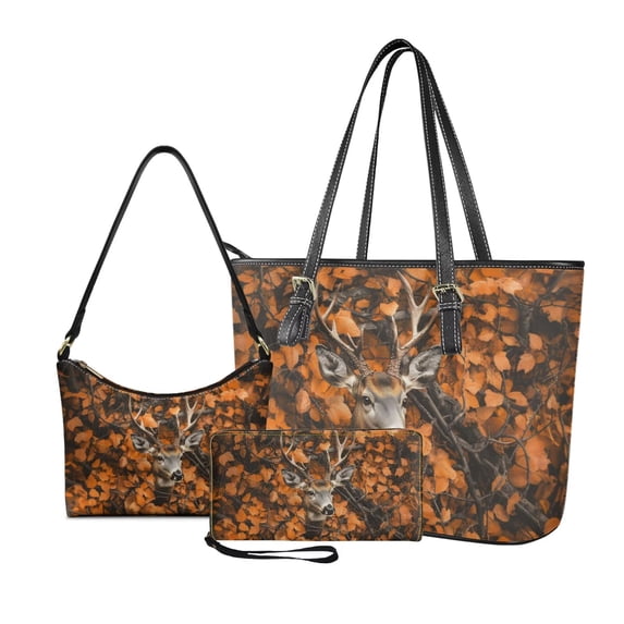 Kuiaobaty Deer Leaf Print Handbag and Purse Set with Wristlet Wallet for Women Leather Underarm Bag Hobo Purses with Zipper Top Handle Handbag with Clutch Wallet for Travel, Orange