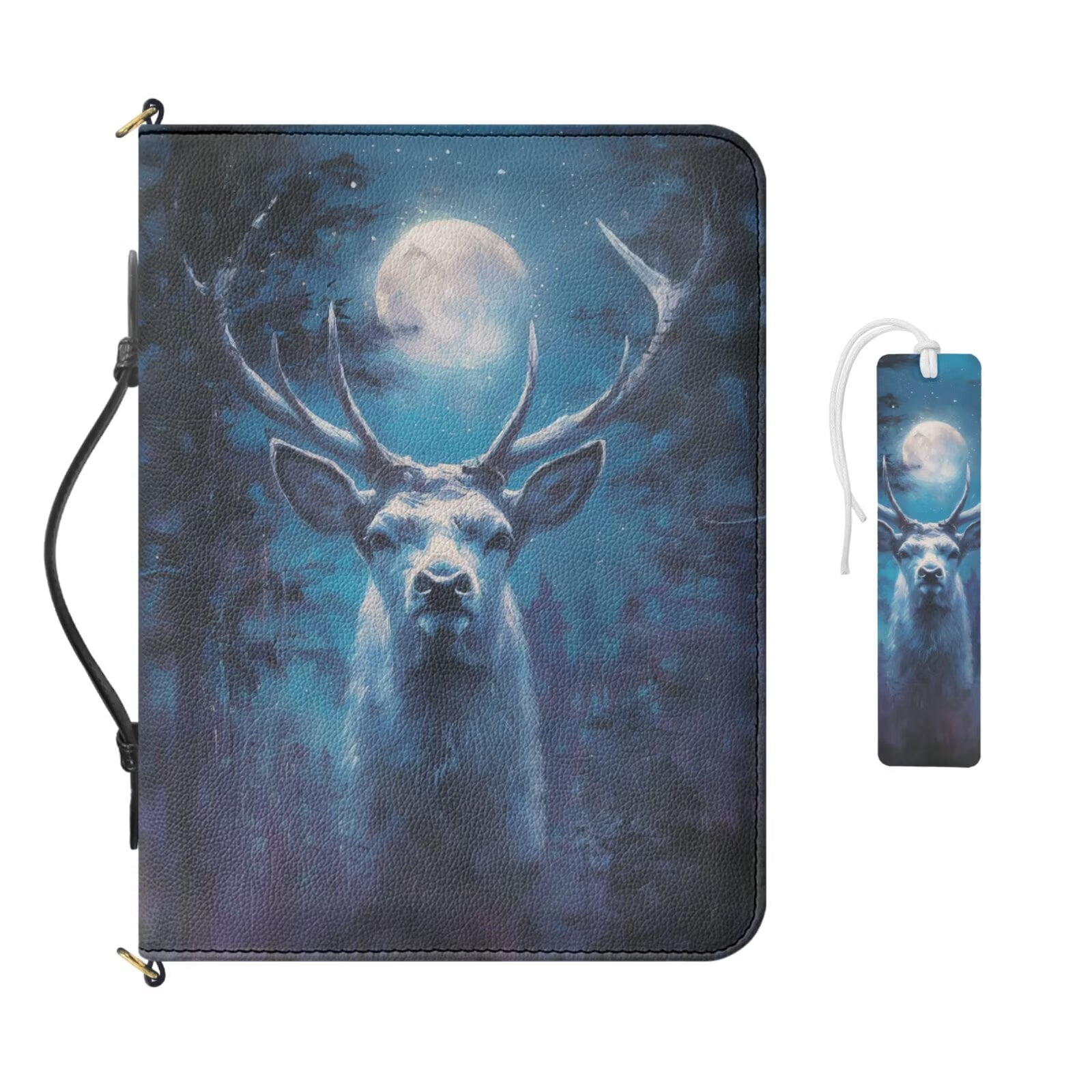 Kuiaobaty Deer Moon Print Bible Cover for Women Men Church Bible Bag Church Bag with Leather Bookmark Lightweight Bibles Study Accessories with Handle for Church, Blue