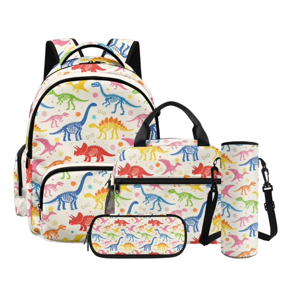 Kuiaobaty Dinosaur Bone Print Backpack and Pencil Case Set for Girls Boys Large Capacity Bookbags and Water Bottle Holder Roomy Casual Backpack and Lunch Bag Set for School