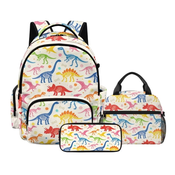 Kuiaobaty Dinosaur Bone Print Backpack Set with Lunch Bag for Kids 17 Inch Backpack and Pencil Case with Zipper Reusable Insulated Lunch Box and Pencil Pouch for School Camping