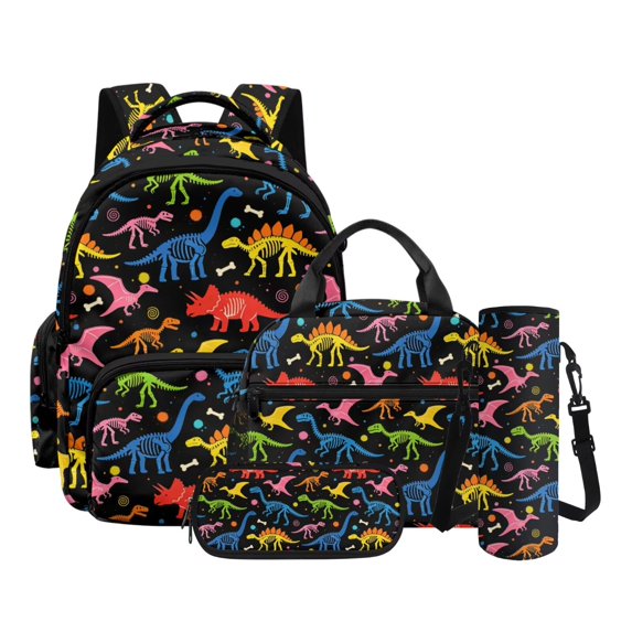 Kuiaobaty Dinosaur Bone Print Backpack Set with Pencil Case for Boys Large Capacity Bookbag and Lunch Bag with Water Bottle Holder Multi Pockets Backpack with Lunch Box for School