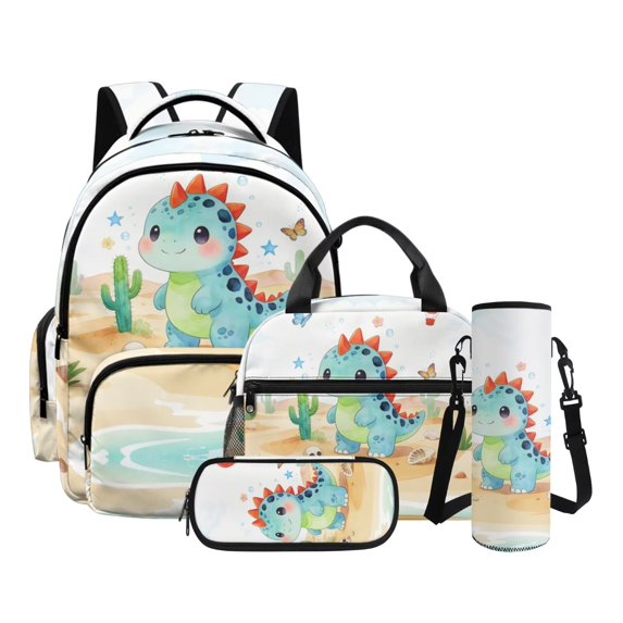 Kuiaobaty Dinosaur Cactus Print Backpack and Lunch Bag Set for Kids 8-12 Multi Pockets Backpack and Pencil Case Set with Zipper Portable Insulated Lunch Box with Water Bottle Sleeve for School