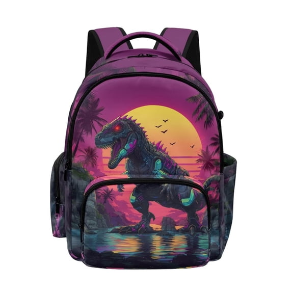 Kuiaobaty Dinosaur Print Backpack for Boys 8-12 Sunset Print School Backpack with Bottle Holder Lightweight Bookbags Laptop Bag for School, Purple