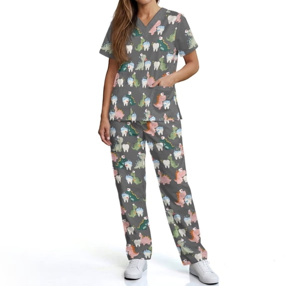 Kuiaobaty Dinosaur Print Scrubs Set for Women Teeth Print Top and Pants Sturdy Medical Uniforms for Dentist, Grey