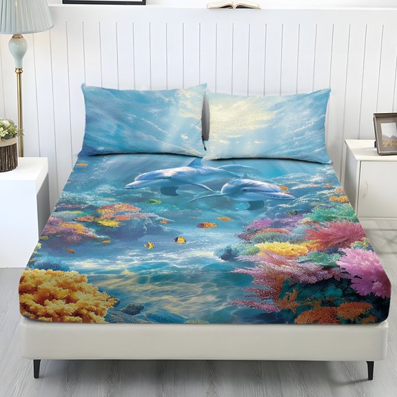 Kuiaobaty Dolphin Coral Print Fitted Sheets Twin Size Elastic No-slip Fitted Sheet and Pillowcase Set Wrinkle Free Bed Sheet Set for Decor