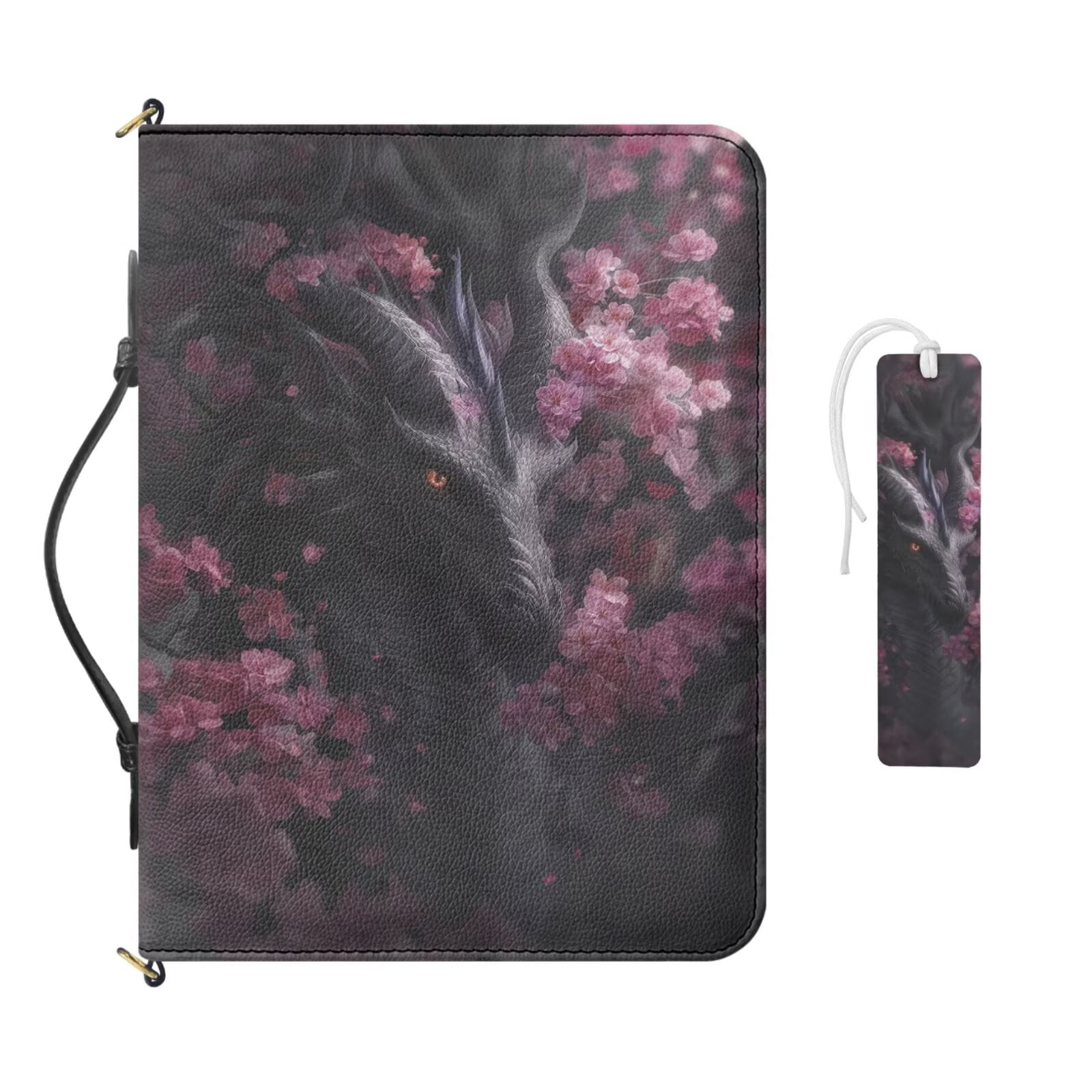 Kuiaobaty Dragon Cherry Print Bible Cover for Women Men Blossom Print Carrying Book Case with Leather Bookmark Multi-Pockets Church Bag Bible Protector for Christian Daily, Black