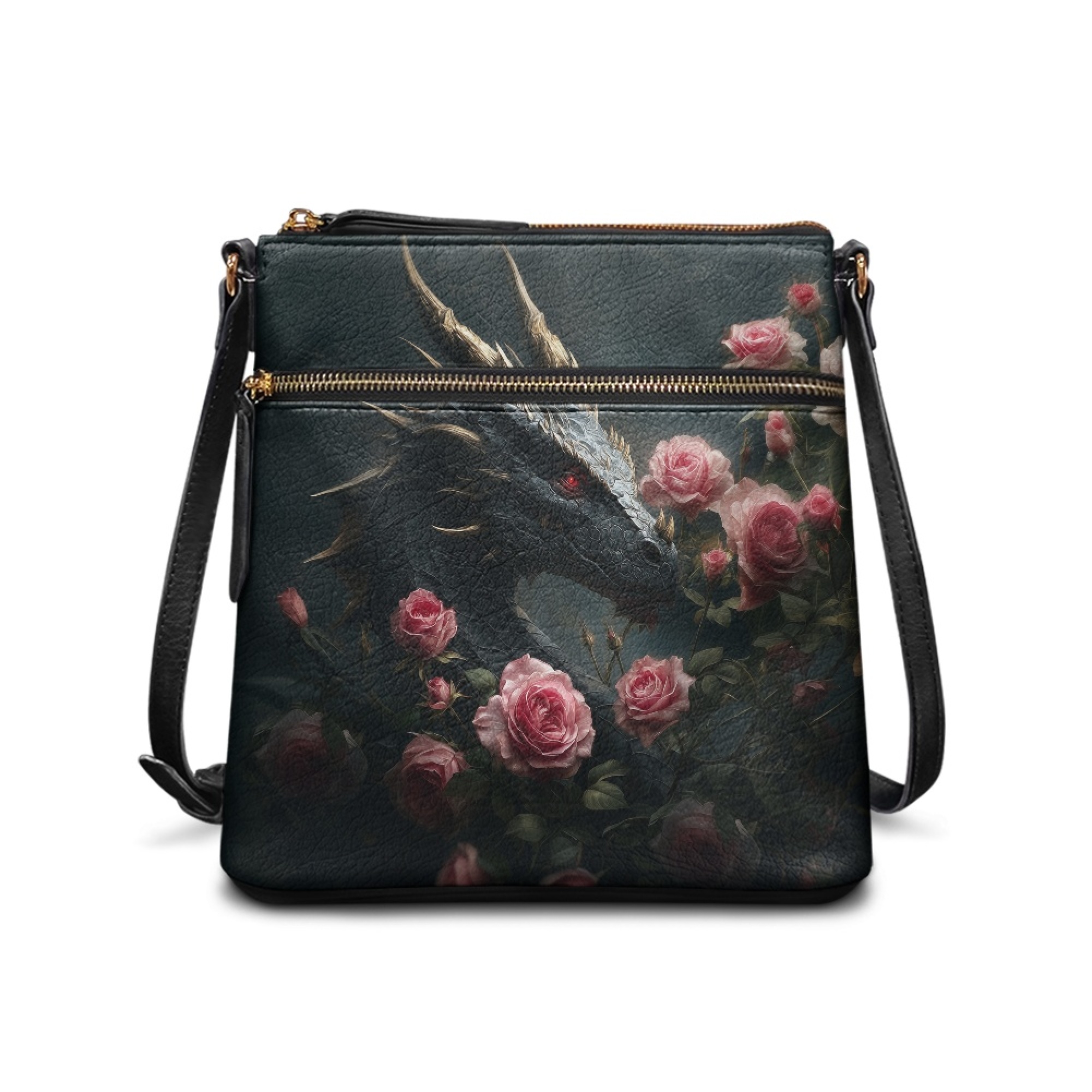 Kuiaobaty Dragon Print Crossbody Bag for Women, Rose Print Leather Shoulder Purse with Adjustable Strap, Zipper Pockets Messenger Handbag Crossbody for Travel, Black