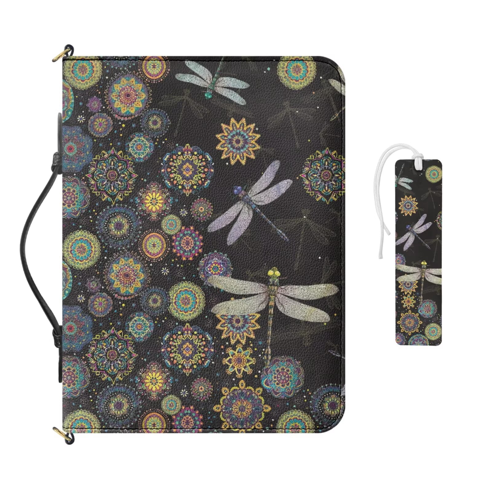 Kuiaobaty Dragonfly Boho Mandala Print Bible Cover Case for Women Men Bible Carrying Case with Bookmark Leather Christian Bible Study Accessories with Handle for Church, Black