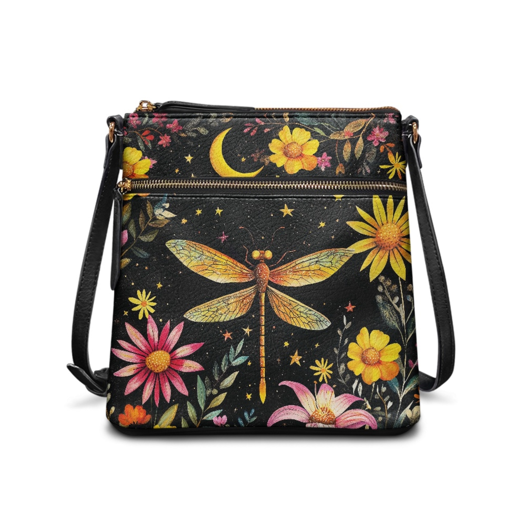 Kuiaobaty Dragonfly Daisy Moon Print Crossbody Bag for Women, Casual Medium Size Vegan Leather Shoulder Handbag Crossbody, Waterproof Sling Purse with Adjustable Strap for Travel