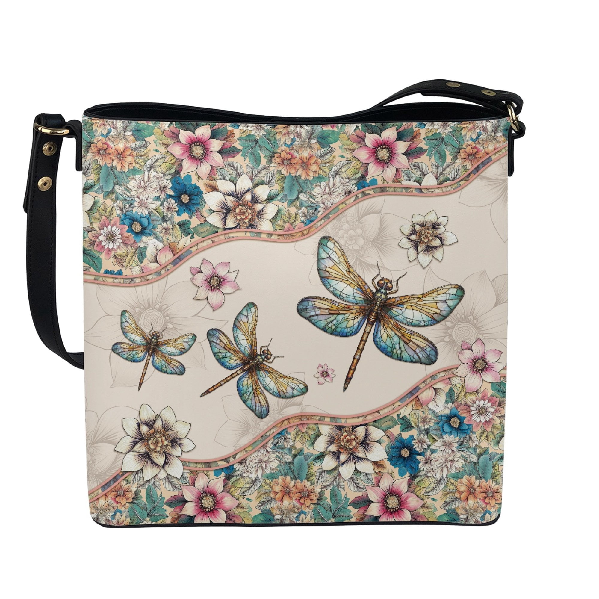 Kuiaobaty Dragonfly Print Crossbody Bag for Women, Flowers Print Leather Shoulder Handbag Crossbody with Adjustable Strap, Ethnic Style Bucket Bag Purse for Travel, Beige