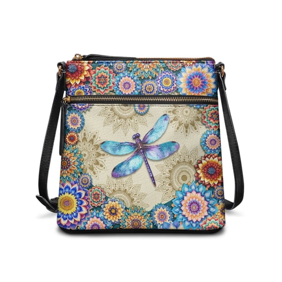 Kuiaobaty Dragonfly Print Crossbody Bag for Women, Mandala Flower Print Vegan Leather Shoulder Handbag Crossbody, Medium Size Casual Sling Purse with Adjustable Strap for Travel