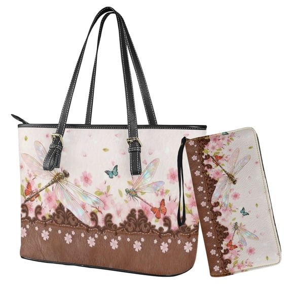 Kuiaobaty Dragonfly Print Satchel Purse for Women, Butterfly Flowers Print Shoulder Bag Purse with Zipper Closure, Lightweight Leather Tote Handbag Sets for Travel, Pink