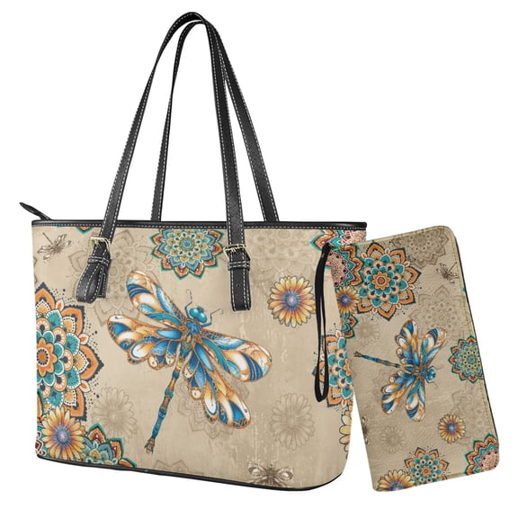 Kuiaobaty Dragonfly Print Satchel Purse for Women, Mandala Flowers Print Tote Handbag Purse with Zipper Closure, Roomy Leather Shoulder Bag for Travel, Beige