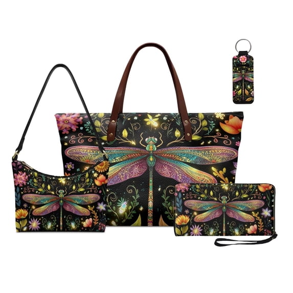 Kuiaobaty Dragonfly Print Tote Purse Set with Lip Pouch for Women Floral Printed Handbag and Wallet Set Leather Underarm Bag Lipstick Keychain for Travel, Black