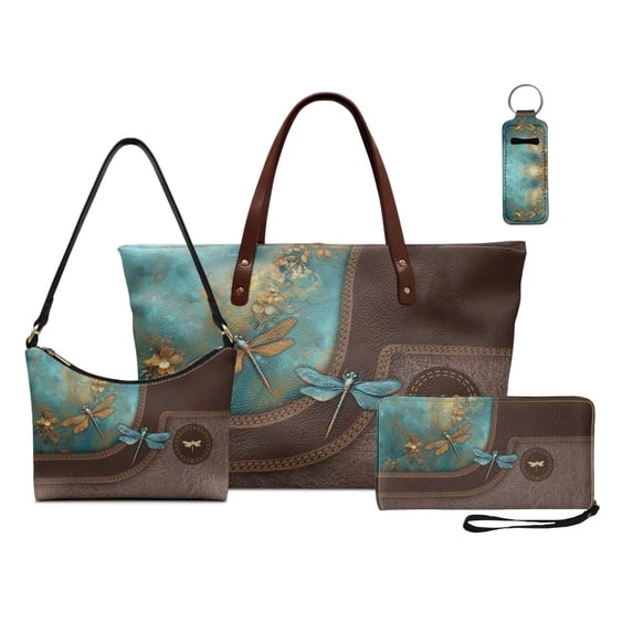 Kuiaobaty Dragonfly Print Tote Purse and Wallet Set for Women Zippered Shoulder Bag with Lip Pouch Leather Top Handle Handbag Set for Shopping, Brown