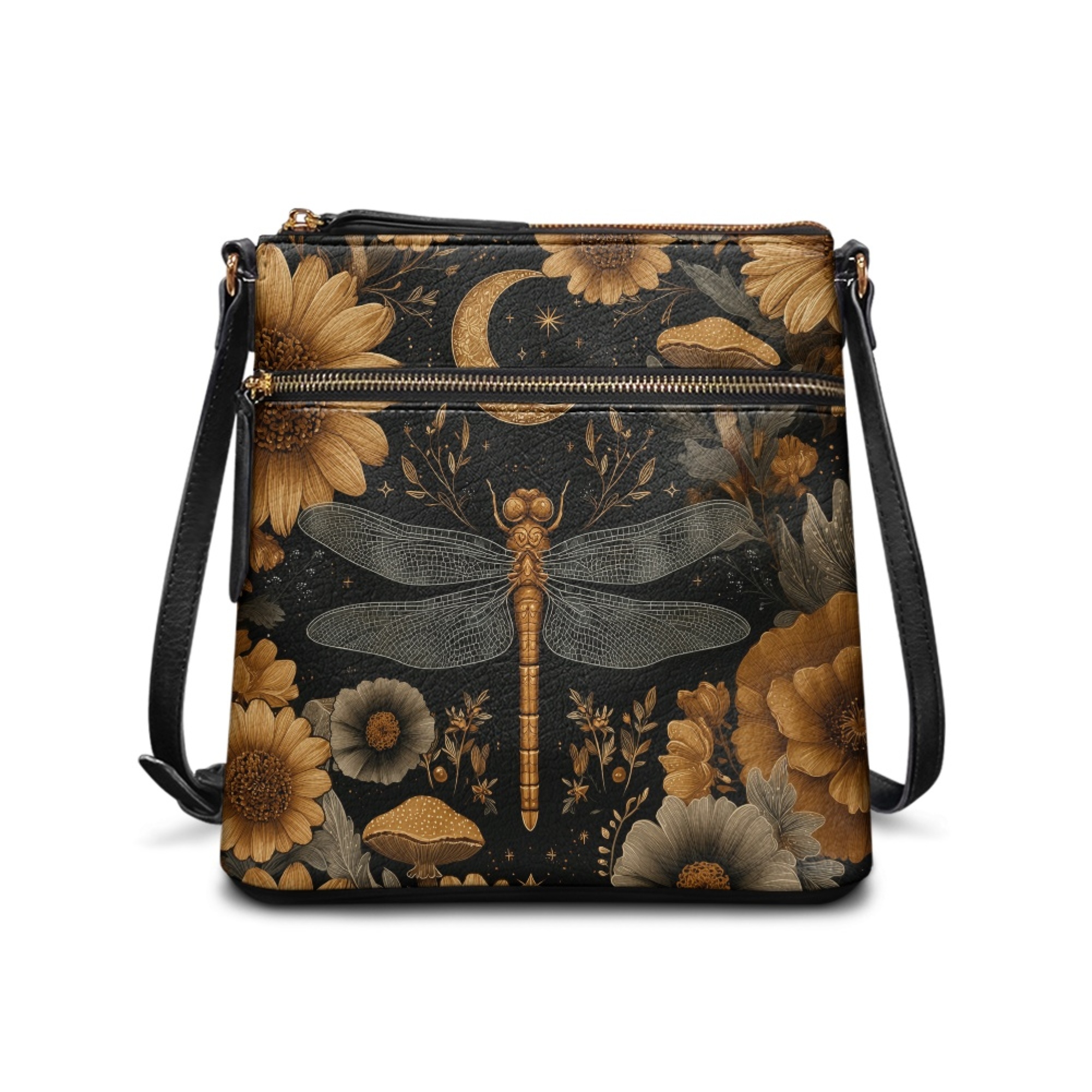 Kuiaobaty Dragonfly Sunflower Moon Print Crossbody Bag for Women, Vintage Vegan Leather Messenger Purse Crossbody with Adjustable Strap, Lightweight Sturdy Hobo Handbag for Travel & Work