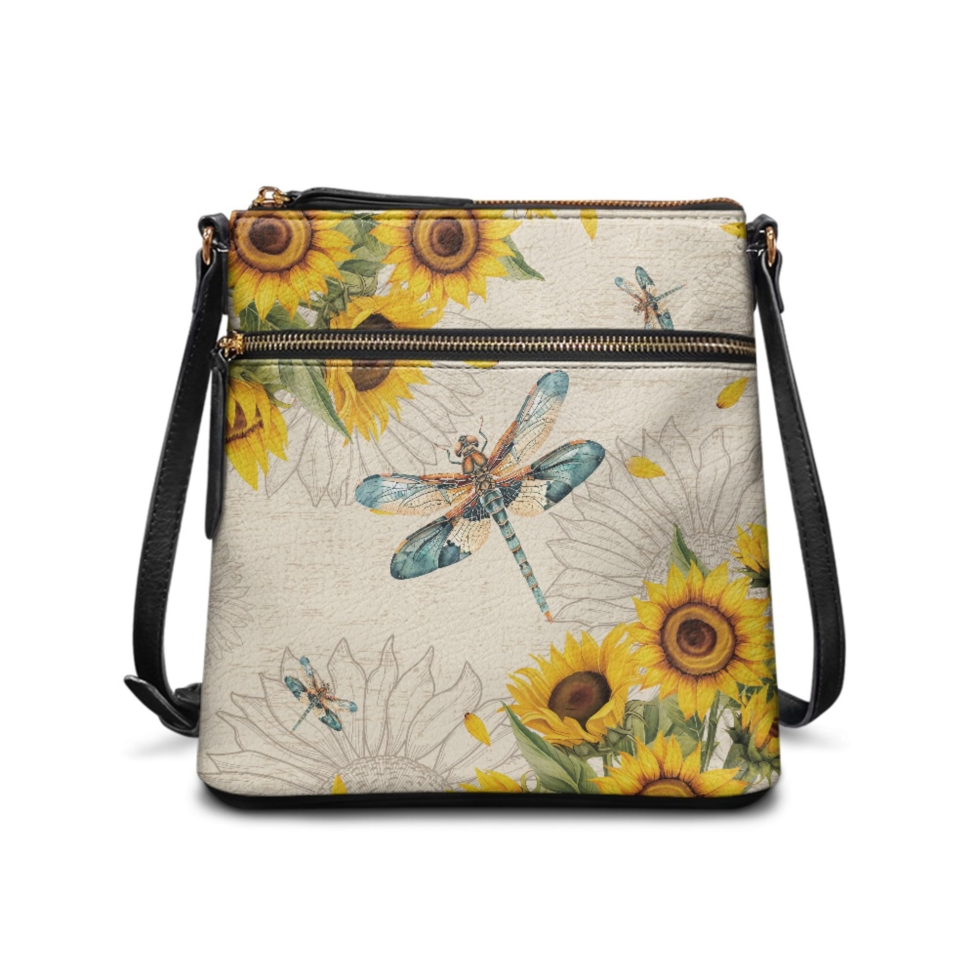 Kuiaobaty Dragonfly Sunflower Print Crossbody Bag for Women, Lightweight Vegan Leather Hobo Purse with Adjustable Strap, Medium Size Shoulder Handbag Crossbody for Travel