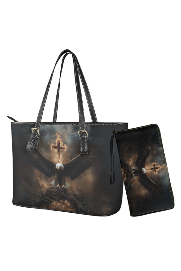 Eagle Print Tote Handbag for Women Large, Fire Cross Print Top Handle Purse with Adjustable Strap, Large Capacity Leather Satchel Purse for Travel, Black