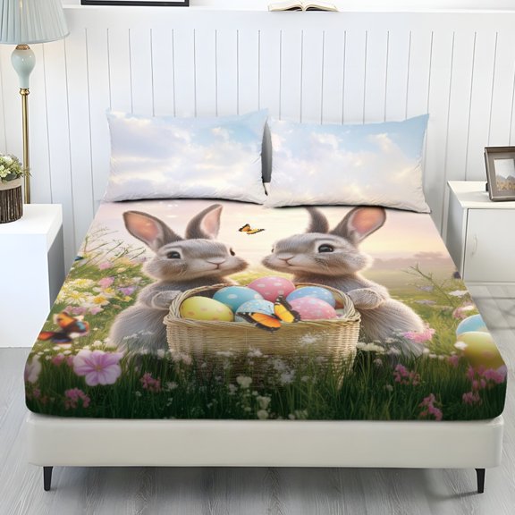 Kuiaobaty Easter Eggs Bunny Print Fitted Sheet Set King Size Butterfly Floral Print Bedsheet with Deep Pocket Comfort Bed Sheet with 2 Pillowcases for Easter Decor