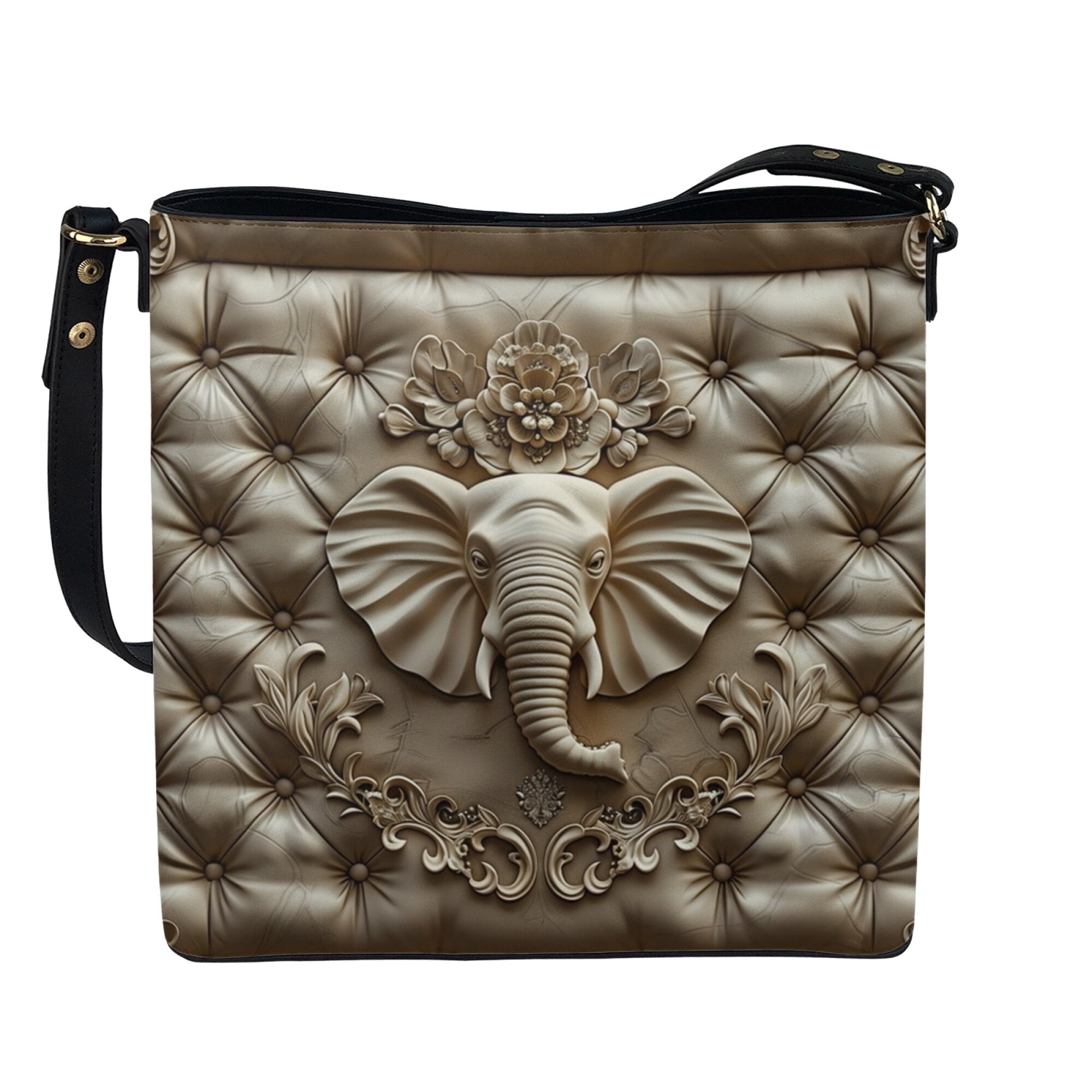 Kuiaobaty Elephant Flower Print Bucket Crossbody Bag for Women, Lightweight Vegan Leather Sling Handbag with Adjustable Strap, Wear Resistant Shoulder Purse Crossbody for Travel & Work