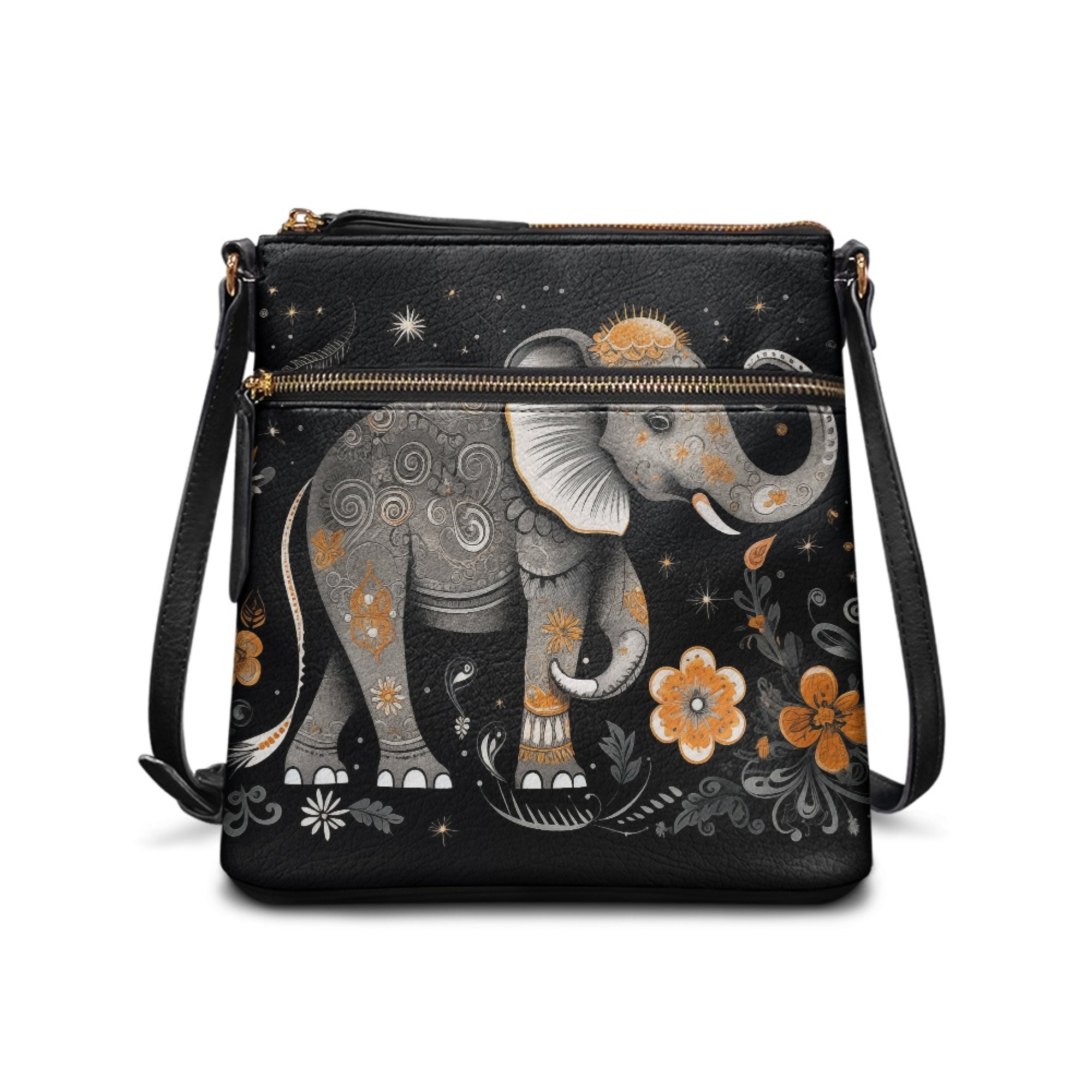 Kuiaobaty Elephant Flower Print Crossbody Bag for Women Travel, Lightweight Vegan Leather Crossbody Purse with Smooth Zipper, Casual Multi Pocket Shoulder Handbag, Waterproof Sling Bag