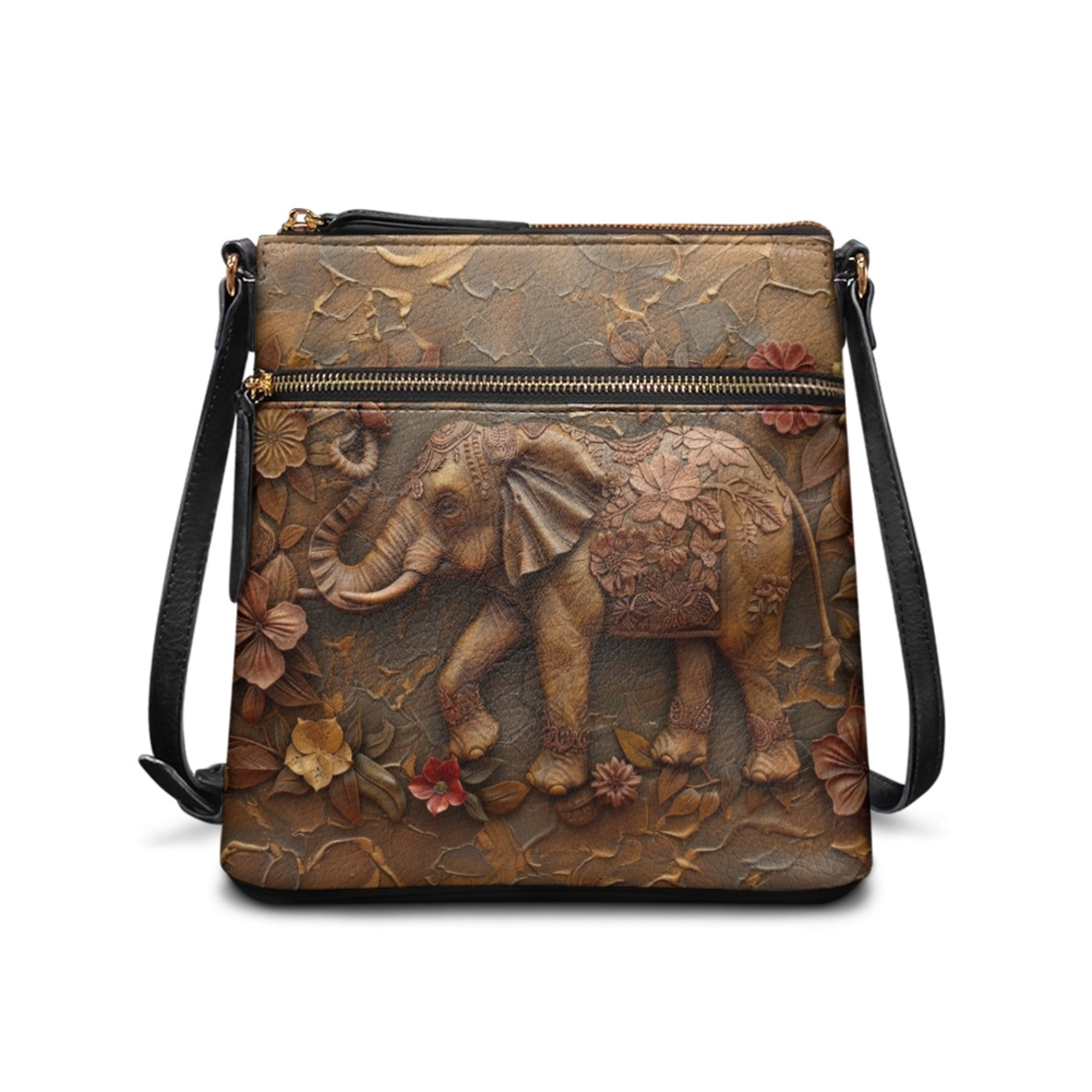 Kuiaobaty Elephant Flower Print Crossbody Bag for Women, Vintage Roomy Portable Leather Satchel Purse Crossbody, Lightweight Durable Hobo Handbag with Adjustable Strap for Travel
