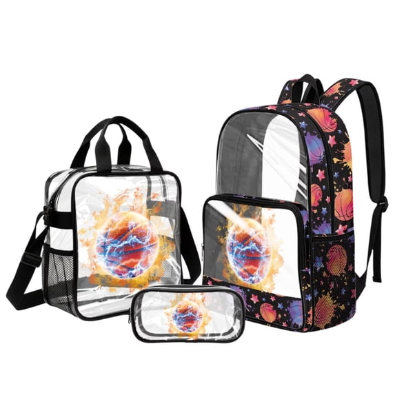 Kuiaobaty Fire Basketball Print Backpack and Pencil Case Set for Boys Clear Backpack and Lunch Bag Set See Through PVC Bookbag with Pencil Case for School