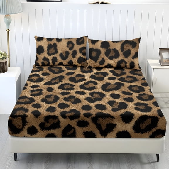 Kuiaobaty Fitted Sheet Set 3 Pcs Sturdy Fitted Sheet with Pillowcases Stretchable Washable Bed Sheet Set Twin Size Leopard Print