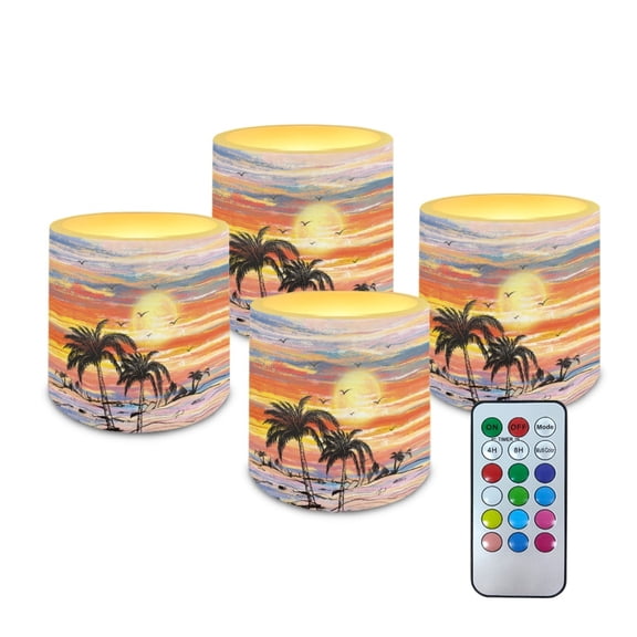 Kuiaobaty Flameless Candles 4 Pcs LED Pillar Candle Tealights Long Lasting with Remote Timer Sunset Glow Beach Palm Coconut Tree Pattern for Indoor Outdoor Coastal Home Decor