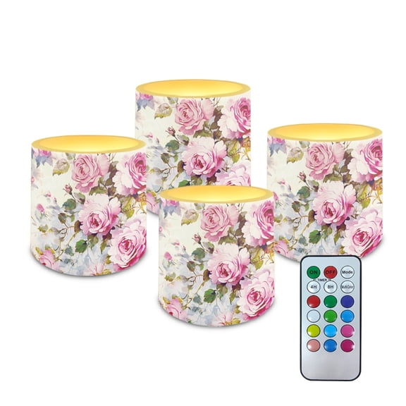 Kuiaobaty Flameless Candles Battery Powered LED Pillar Candle Tealights Home Decoration Remote Set of 4 for Wedding Beach Party Decor 3 x 3 Inches Rose Pink Leaf Pattern