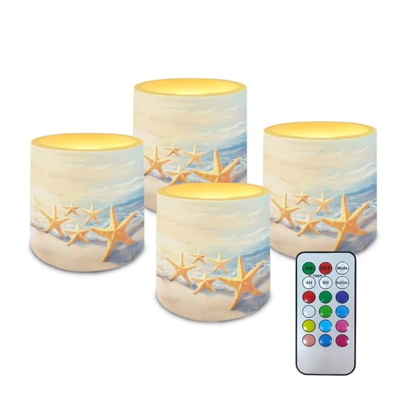 Kuiaobaty Flameless Candles Yellow Starfish Beach Pattern Battery Powered LED Pillar Candle Tealights Home Decoration Remote 3 x 3 Inches for Wedding Beach Party Decor, Set of 4