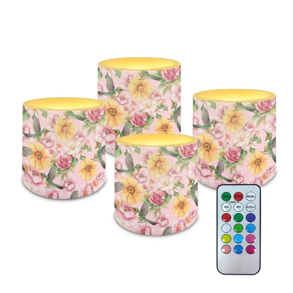 Kuiaobaty Flameless LED Battery Candles with 18-Key Remote Timer Function Electric Fake Plastic Pillar Candles Pack of 4 for Tabletop Coastal Home Indoor Decor Hummingbird Hibiscus Flower Rose