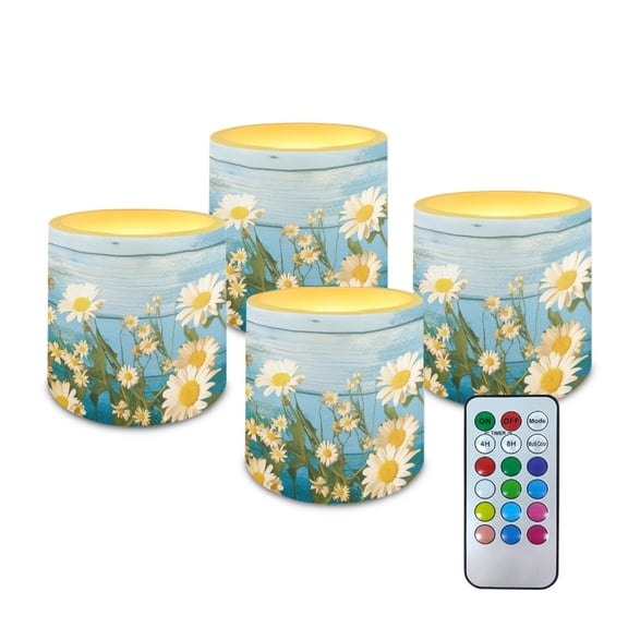 Kuiaobaty Flameless LED Battery Candles Electric Fake Plastic Pillar Candles Pack of 4 with 18-Key Remote Timer Function for Tabletop Coastal Indoor Decor Daisy Flower Wood Grain Blue