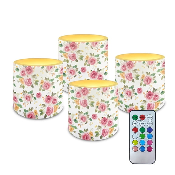 Kuiaobaty Flameless LED Battery Candles Electric Fake Plastic Pillar Candles Pack of 4 with 18-Key Remote Timer Function for Tabletop Coastal Indoor Decor Rose Leaf Pink Yellow