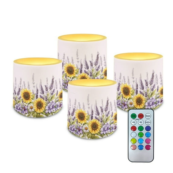Kuiaobaty Flameless LED Candle with Color Changing Control 4H 8H Timer Remote Electric Pillar Candle 4 PCS for Room Fall Wedding Christmas Decorations Lavender Flower Sunflower Violet
