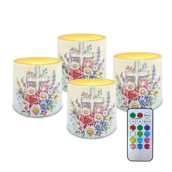 Kuiaobaty Flameless LED Lights Candles Cross Daisy Flower Rose Pattern 4 Pieces Battery Powered LED Candles with Remote for Valentine Party Wedding Birthday Party Outdoor