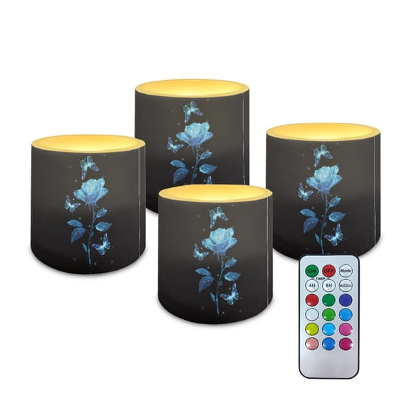 Kuiaobaty Flameless LED Lights Candles Gradient Rose Butterfly Blue Pattern 4 Pieces Battery Powered LED Candles with Remote for Valentine Party Wedding Birthday Party Outdoor