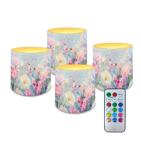 Kuiaobaty Flameless LED Lights Candles Oil Painting Flower Butterfly Pattern 4 Pieces Battery Powered LED Candles with Remote for Valentine Party Wedding Birthday Party Outdoor
