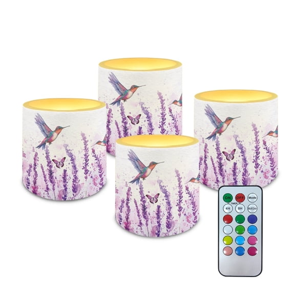 Kuiaobaty Flameless Votive Candles 4 Pcs LED Pillar Candle Tealights Long Lasting with Remote Timer for Indoor Outdoor Coastal Home Decoration Hummingbird Butterfly Lavender Violet Pattern